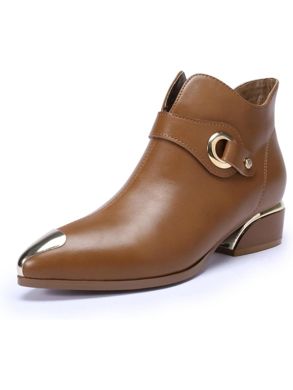 🆕 Women's Tan Leather Pointed Toe Ankle Boots Gold Hardware Low Chunky Heel